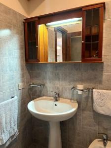 een badkamer met een wastafel, een spiegel en een toilet bij Casa Alfedena - Vista Fiume in Alfedena