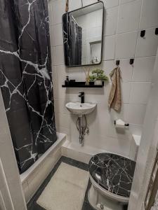 bagno con lavandino, servizi igienici e specchio di Joyfulhomes City Apartment a Brema