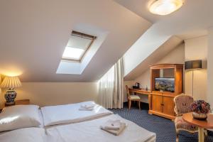 a hotel room with a bed and a desk at Hotel Europa in Brno