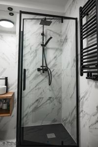 eine Dusche mit Glastür im Bad in der Unterkunft Apartamenty Nad Potokiem koło Karpacza in Staniszów