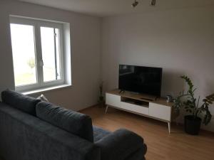 a living room with a couch and a flat screen tv at Ruhige schöne 2-Zimmer Ferienwohnung in Höchst