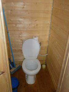 Elle comprend une petite salle de bains pourvue de toilettes et d'un mur en bois. dans l'établissement camping Manex, à Saint-Pée-sur-Nivelle