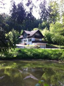 シュマルカルデンにあるEhrentaler Ferienhaus GbRの池のある家