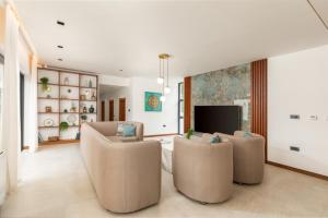 a living room with two chairs and a television at Villa Istria Green in Kršan