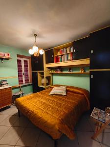 um quarto com uma cama grande e estantes de livros em Appartamento in Borgo storico (San Vito Romano) em San Vito Romano