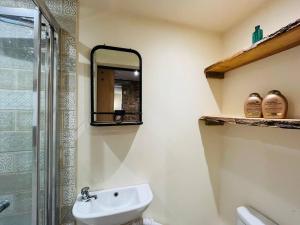 a bathroom with a sink and a shower and a mirror at Adorable and Cosy Tiny Cottage in Heathfield