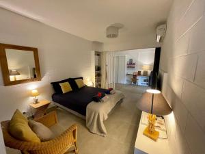 a bedroom with a bed and a couch at La Perle de Trou d'Eau in La Saline les Bains