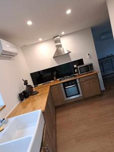 a kitchen with a counter with a sink and a microwave at Gîte des deux L 