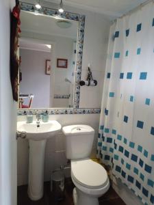a bathroom with a toilet and a sink and a mirror at CASA PALI 2 in Puerto Montt