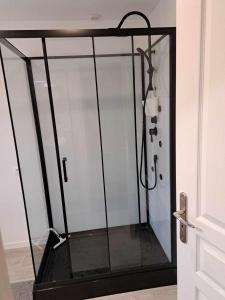 a shower with a glass enclosure in a room at Gîte des deux L 