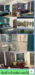 un collage de photos d'une salle de bains et d'une chambre dans l'établissement Morocco Blue cafe by Chilong River Farm Resort, à Muang Kosum