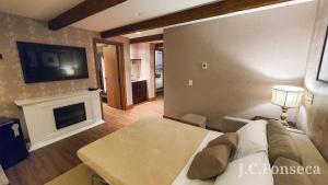 a bedroom with a bed and a fireplace and a tv at Hotel Buona Vitta in Gramado
