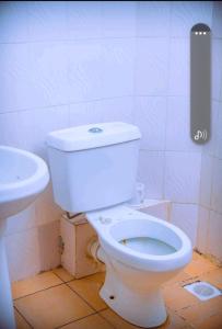 a bathroom with a white toilet and a sink at Georgia Furnished Apartments in Machakos