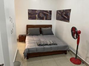 una camera con letto e ventilatore rosso di Budget Retreat Kiyovu a Kigali
