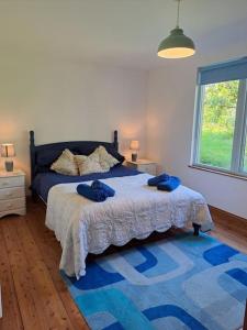 a bedroom with a bed and a blue rug at Helnoweth Lodge in Penzance