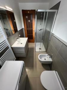 La salle de bains est pourvue de toilettes, d'un lavabo et d'une douche. dans l'établissement Baby, à Gressoney-La-Trinité