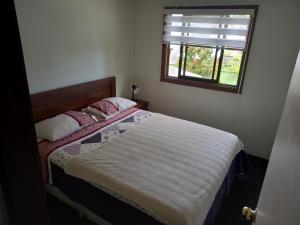 małą sypialnię z łóżkiem z oknem w obiekcie Cabañas Chiloe w mieście Valdivia