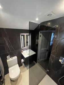 uma casa de banho com um WC, um lavatório e um chuveiro em Regatta-Ready Escape em Henley on Thames
