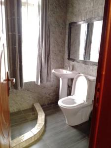 ein Badezimmer mit einem WC, einem Waschbecken und einem Spiegel in der Unterkunft Eric Hospitality Kigali BY KONGA in Kigali
