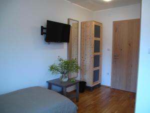 a bedroom with a bed and a tv on a wall at Guesthouse Bor Plitvice Lakes in Plitvička Jezera