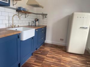 a kitchen with blue cabinets and a white refrigerator at Bright new flat in Battersea in London