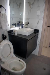 a bathroom with a white toilet and a sink at Hotel Amazonas Suite, Suite Presidencial in Nueva Loja