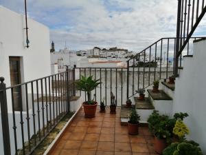 ベヘール・デ・ラ・フロンテーラにあるLa Guarida de Vejer Casa Ruralの鉢植えの植物が植えられたバルコニーから市街の景色を望めます。