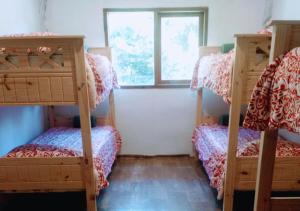 two bunk beds in a room with a window at Adobe Ecohostel in Villa Meliquina