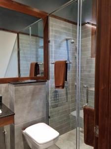 a bathroom with a toilet and a glass shower at Still Waters - A Cottage by the Lake! in Boralesgamuwa