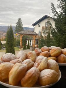dois pratos de donuts numa mesa em frente a uma casa em Alpina Panoramic em Moisei