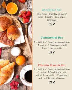 een flyer voor een ontbijt met croissants en fruit bij Florella Croisette Apartment in Cannes