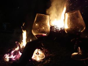 two wine glasses sitting next to a fire at Casa delle foglie sussurranti in Asti