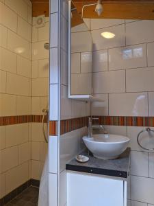 een badkamer met een witte wastafel en een spiegel bij The Bean Barn in Arçais