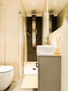 W łazience znajduje się umywalka, toaleta i prysznic. w obiekcie Hotel Vienna w mieście Pesaro