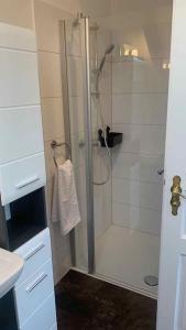 um chuveiro com uma porta de vidro na casa de banho em Großzügige Wohnung Bochum-Gerthe em Bochum