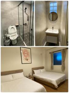 2 Bilder eines Badezimmers mit WC und Waschbecken in der Unterkunft Vuluq in Shoufeng