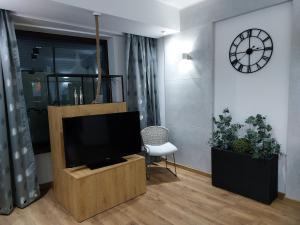 a living room with a flat screen tv and a clock at Głogów przy Grodzkiej in Głogów +9 photos