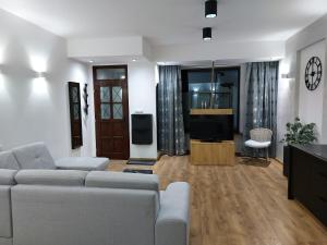 a living room with a couch and a tv at Głogów przy Grodzkiej in Głogów