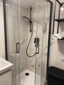 a shower with a glass door in a bathroom at Apartment Prague Center in Prague