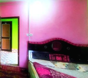 una camera con pareti rosa e verdi e un letto di Indra Guest House a Anantnāg