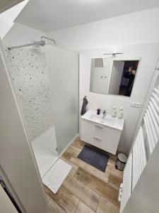 biała łazienka z prysznicem i umywalką w obiekcie Chata Sára w Jańskich Łaźniach
