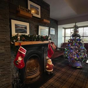 una sala de estar con un árbol de Navidad y una chimenea en The Yeats County Inn Hotel en Tobercurry