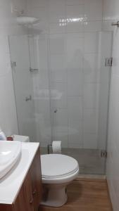 uma casa de banho com um WC, um lavatório e um chuveiro em Virgi Hostel em Quito