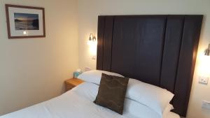 ein Hotelzimmer mit einem Bett und einem schwarzen Kopfteil in der Unterkunft Geckos Rest in Newquay