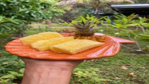 eine Person, die einen Teller mit Nahrung mit einer Ananas darauf hält in der Unterkunft Hostal Harepakoba in Hanga Roa