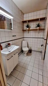 a white bathroom with a toilet and a sink at FyraRumOasen in Gothenburg