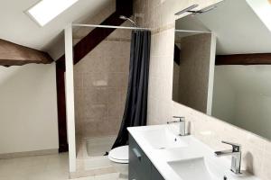 a bathroom with a sink and a toilet and a mirror at Maison de Campagne in Chasnay
