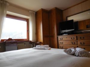 a bedroom with a bed with a television and a window at Mont Blanc Exclusive #Bluchalet in Courmayeur