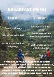 een poster met de verschillende maaltijden en drankjes op een mountainbike bij Bull Motorbikes and Tours in Làng Lap