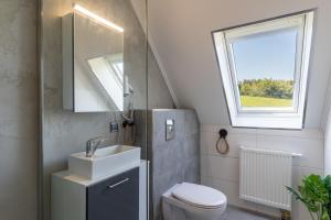 uma casa de banho com um lavatório, um WC e uma janela. em Ferienhaus The Himmelsteig em Sasbachwalden